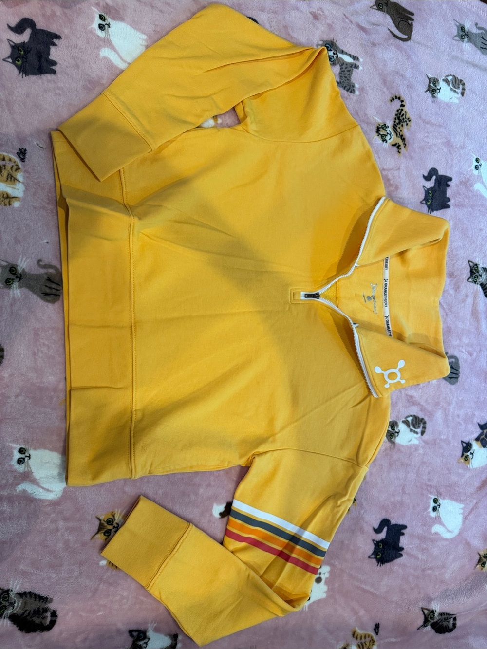 ORANGETHEORY🍊 Yellow Half-Zip Hoodie with Striped Sleeve Detail